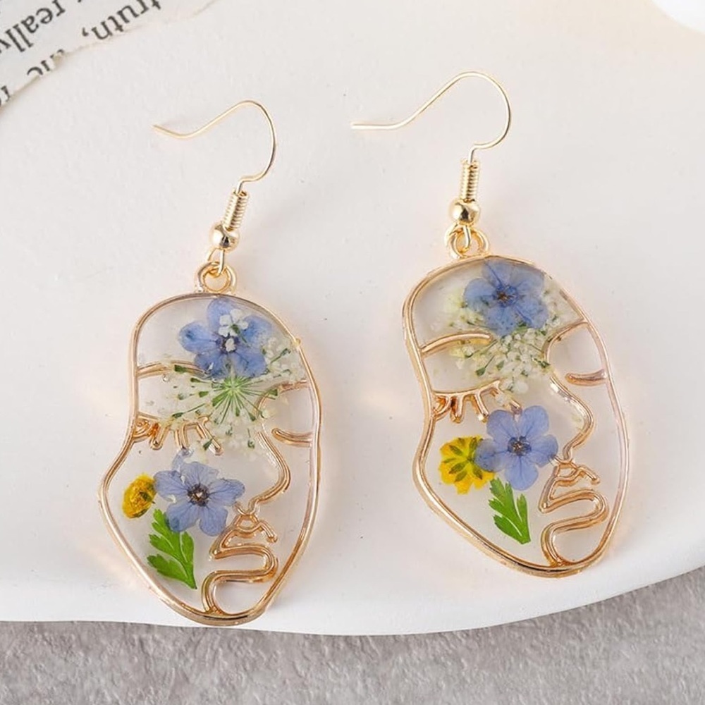 Bohemian Wildflower Teardrop Resin Earrings Handmade Gold Geometric Earrings